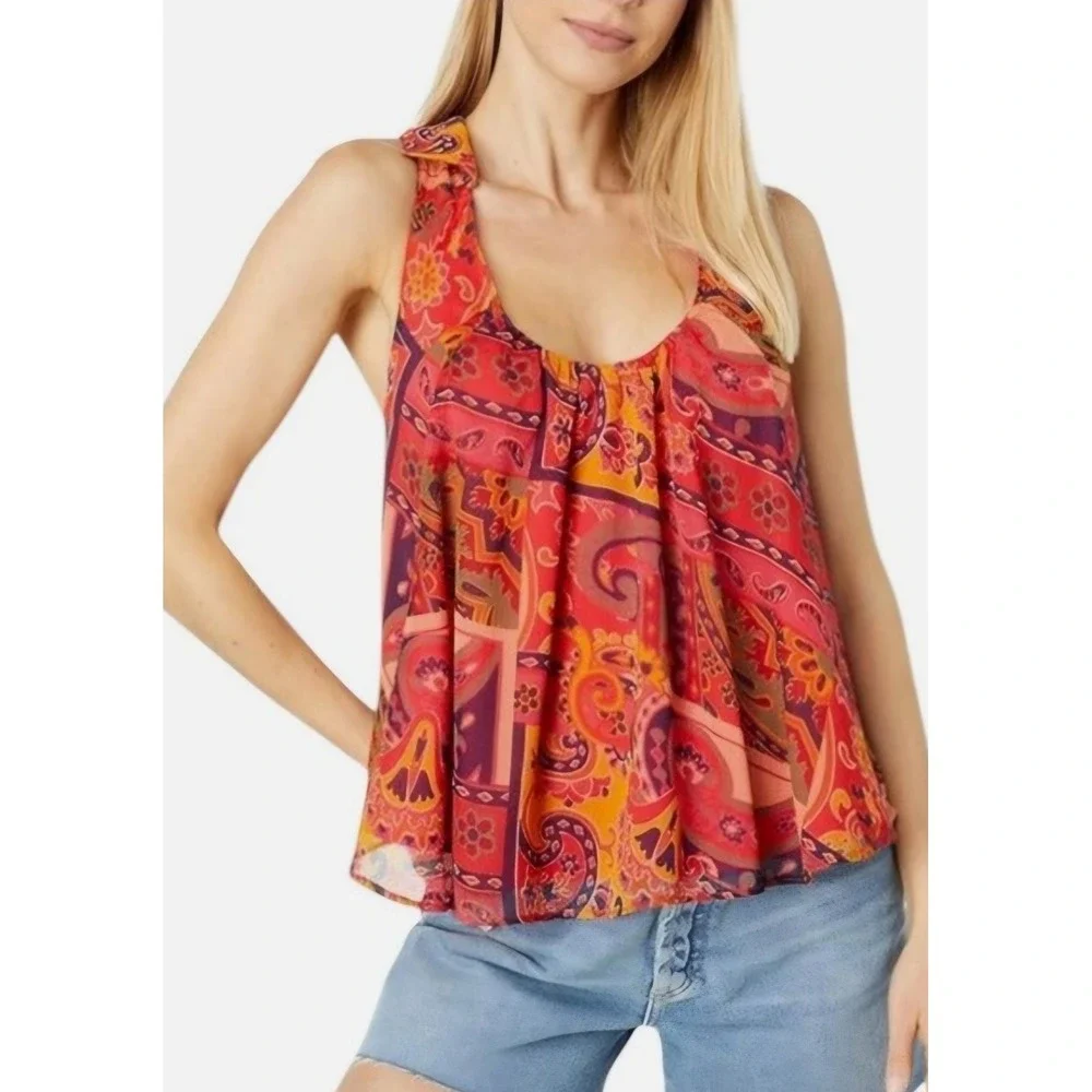 Free People Strawberry Racerback Tank Top Flowy Chiffon Size‎ XS Sheer Boho
